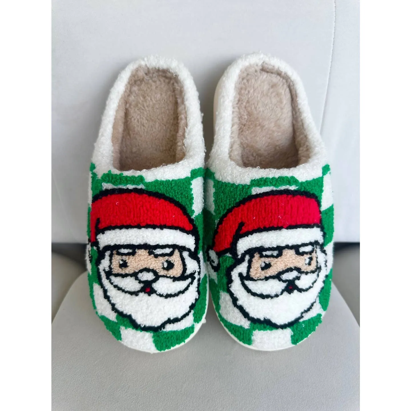 Festive Santa Green Checkered Cozy Slippers