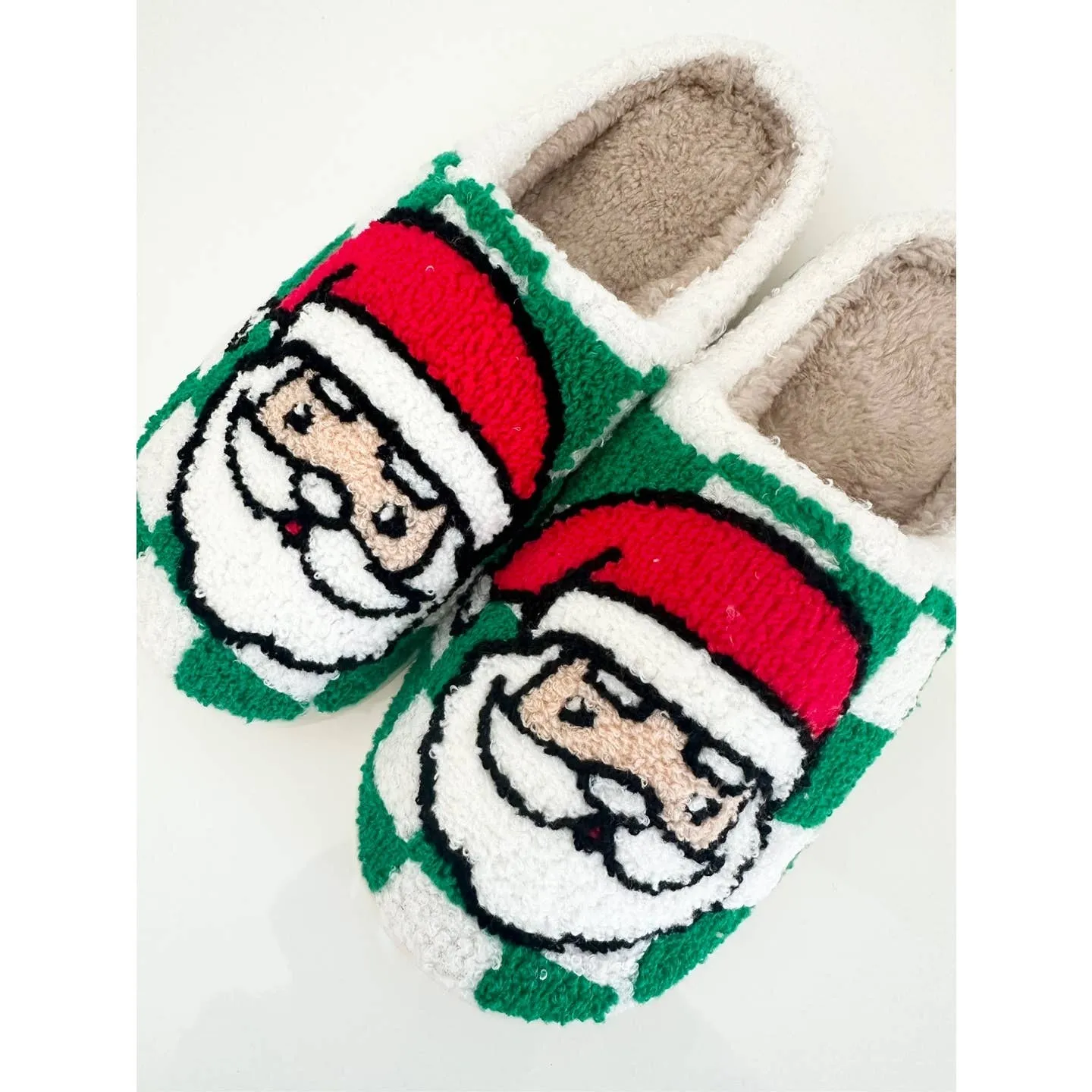 Festive Santa Green Checkered Cozy Slippers