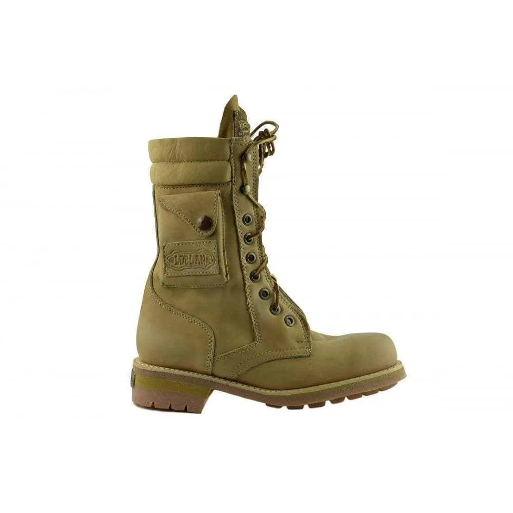 Loblan 2024 Tan Beige Biker Boots Combat Military Lace Up Handmade Side Pocket