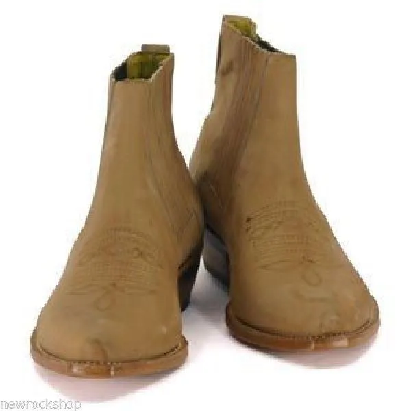 Loblan 298 Tan Beige Leather Men'S Short Boots Classic Ankle Cowboy Pointed Boot