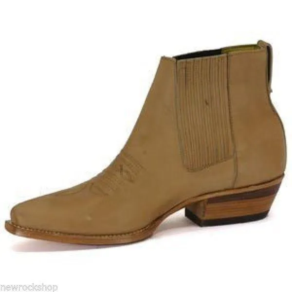 Loblan 298 Tan Beige Leather Men'S Short Boots Classic Ankle Cowboy Pointed Boot