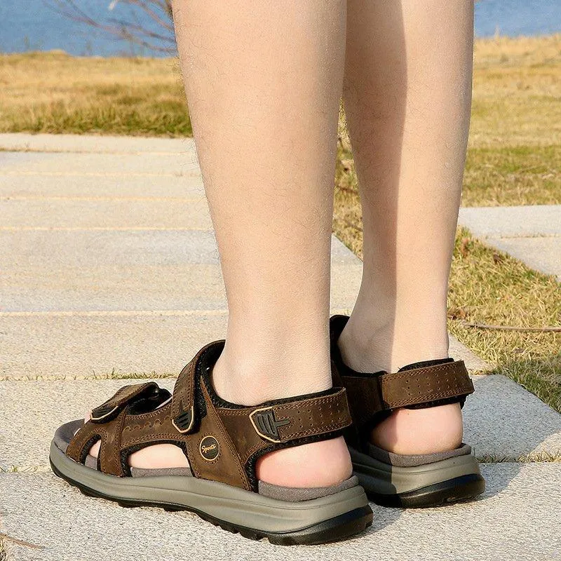 Men Comfy Cowhide Leather Opened Toe Hook Loop Outdoor Sport Sandals