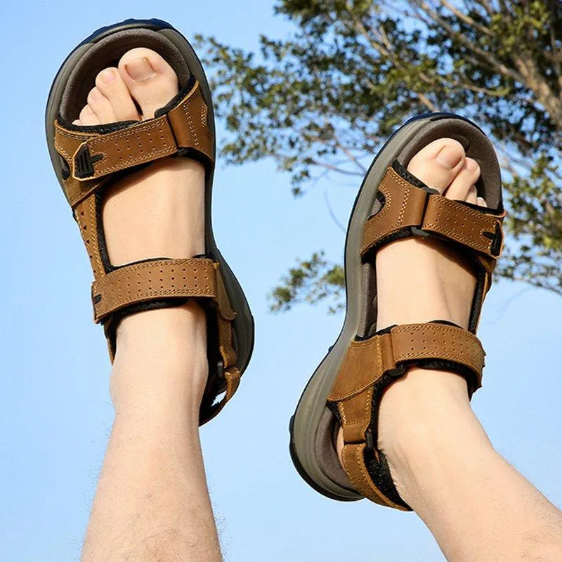 Men Comfy Cowhide Leather Opened Toe Hook Loop Outdoor Sport Sandals