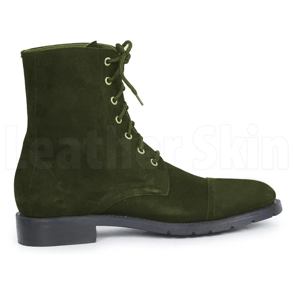 Men Green Hunter Lace Up Military Suede Leather Boots