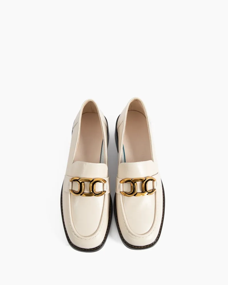 Metal Decoration Slip On Flat Leather Mid Heel Loafers