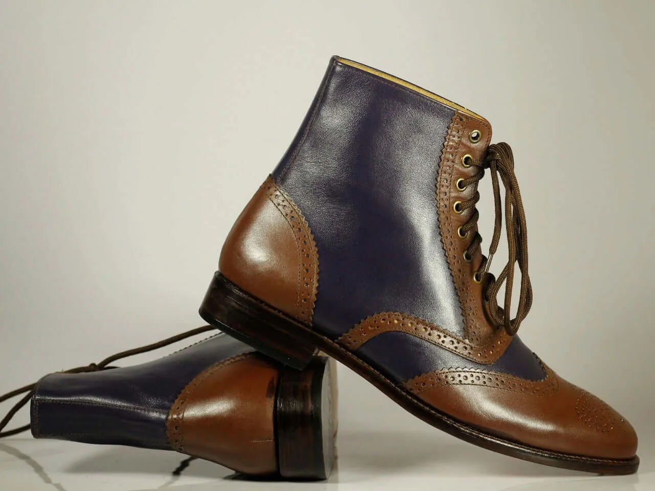 New Men's Handmade Brown Purple Wing Tip Brogue Lace Up Ankle Boots, Men Designer Boots