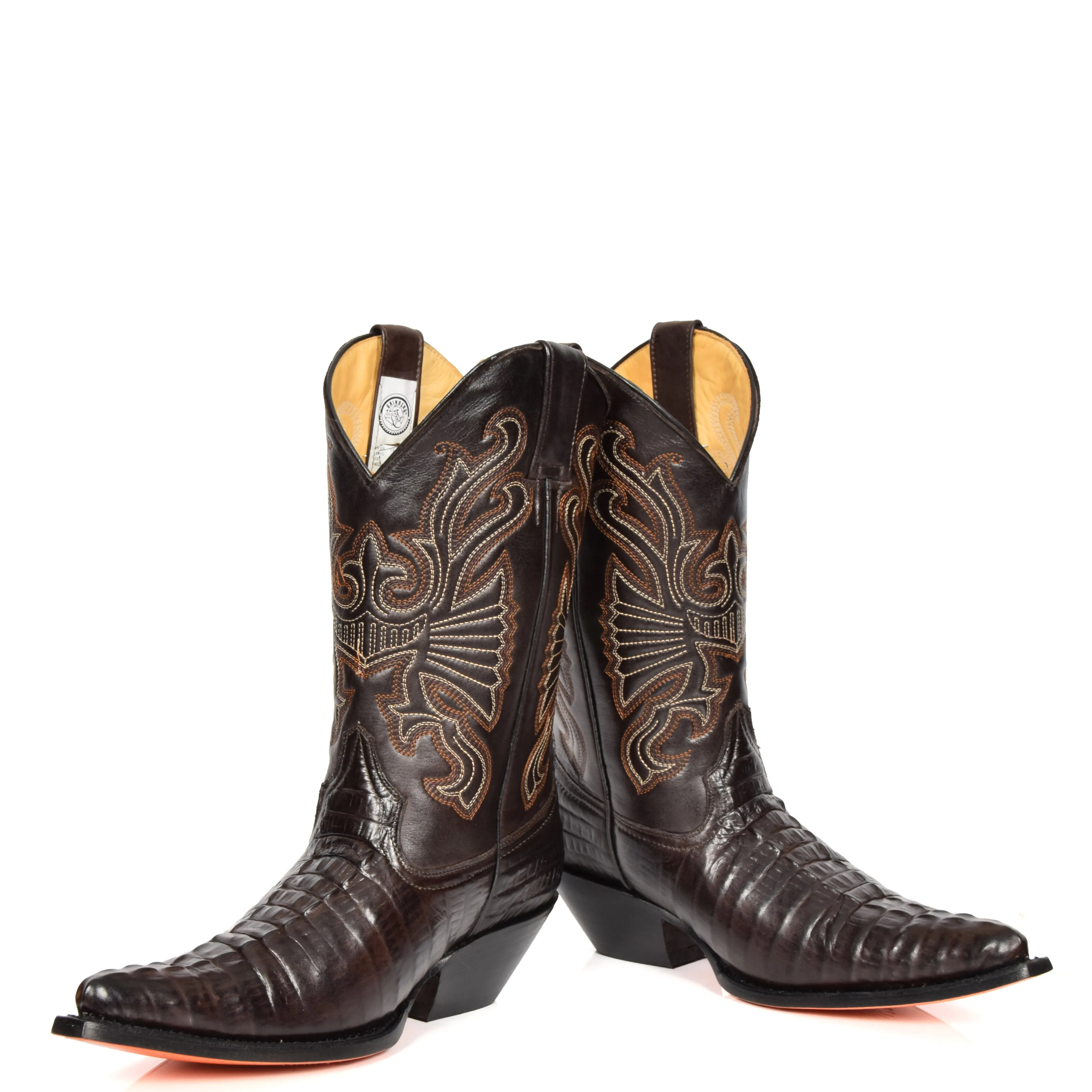 Real Leather Pointed Toe Croc Print Cowboy Boots AC229 Brown