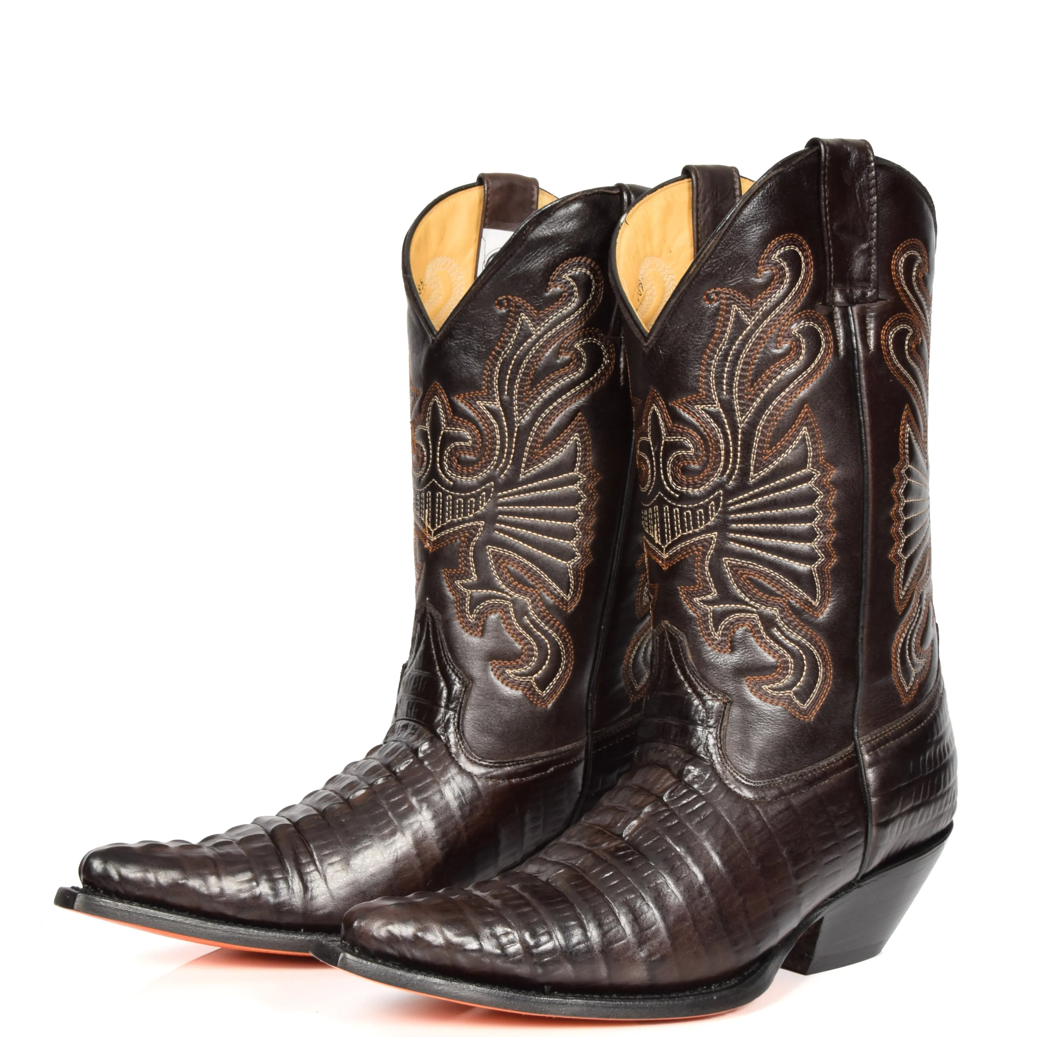Real Leather Pointed Toe Croc Print Cowboy Boots AC229 Brown