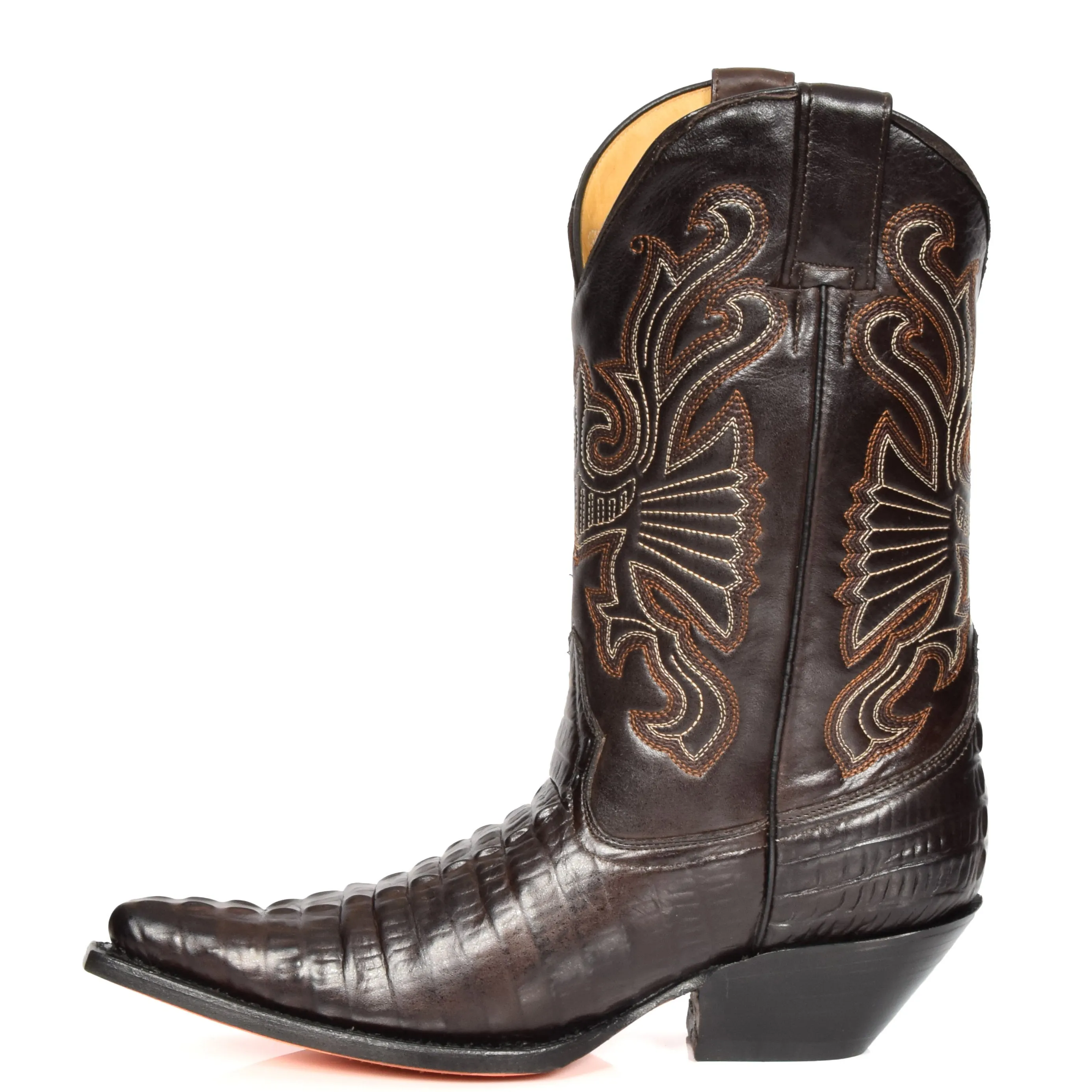 Real Leather Pointed Toe Croc Print Cowboy Boots AC229 Brown