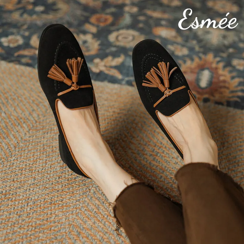 Suede Loafers with Brown Leather Tassels