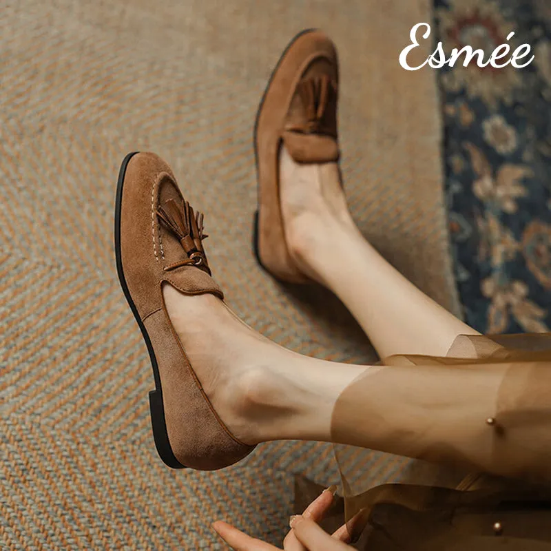 Suede Loafers with Brown Leather Tassels
